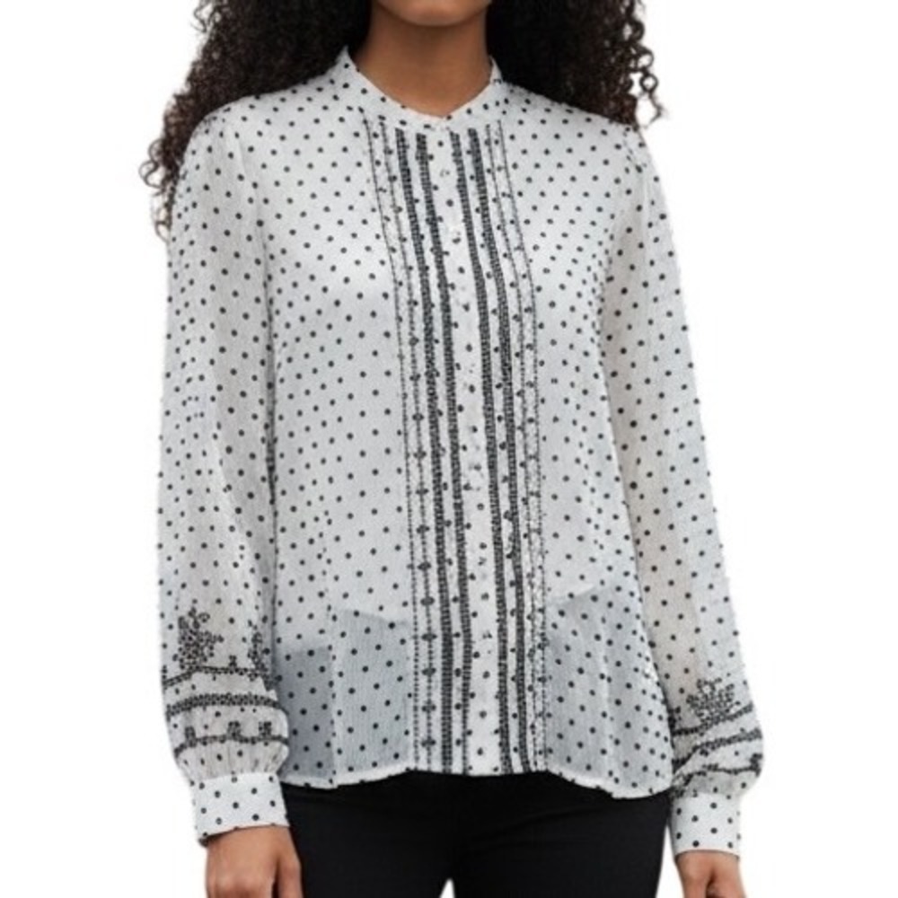 WHITE‎ HOUSE BLACK MARKET Polka Dot Embroidered Ladder Lace Blouse NWOT Small